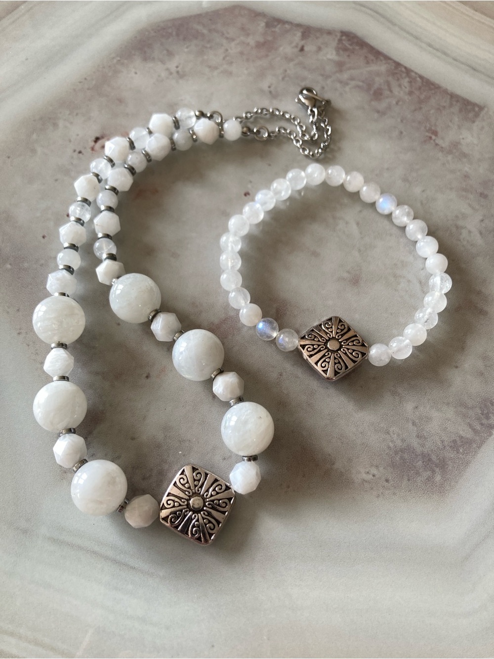 ✨White Moonstone Beaded Jewelry Set with Sterling Silver Plated Accent